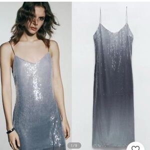 NEW Zara Ombre Silver Sequin Long Midi Dress Size S